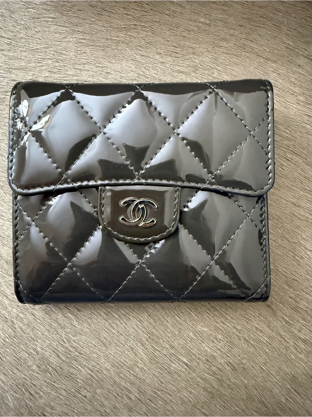 Chanel Quilted Patent Leather Compact Wallet - Grey